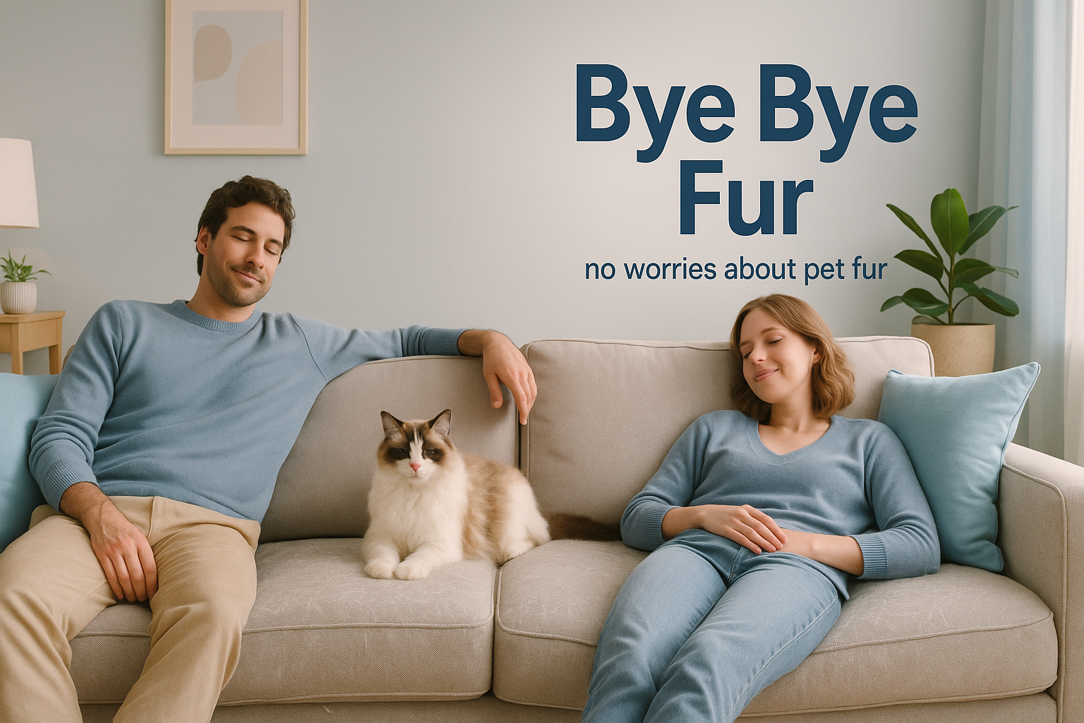 zoom out shot of two on sofa and thier fur on sofa spread, cat is white and brown with fur, color to use #d4e2ff, right heading "Bye Bye Fur", tagline no worries about pet fur